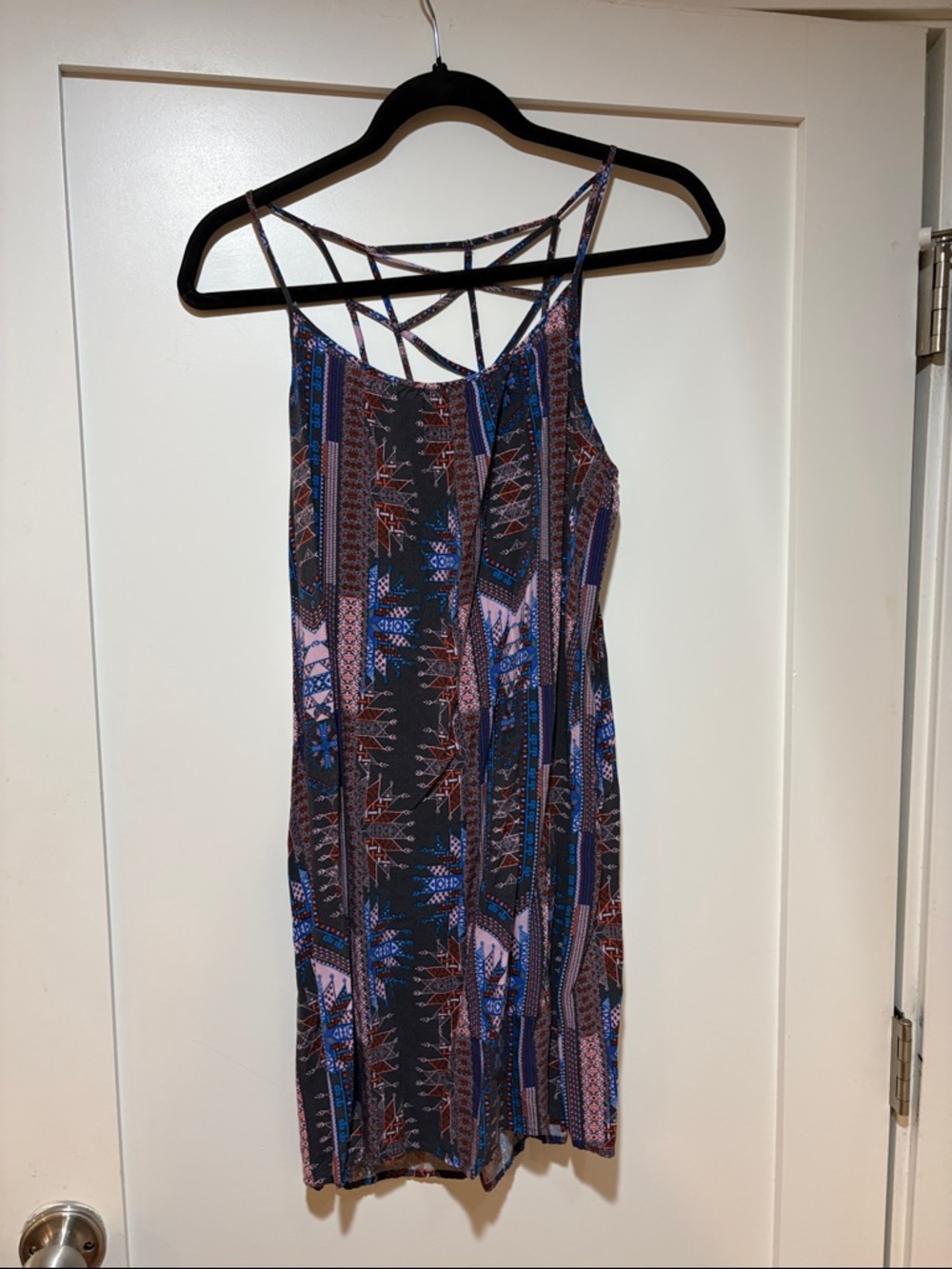 Sun & Shadow Strappy Mini Dress in Black, Blue & Pink